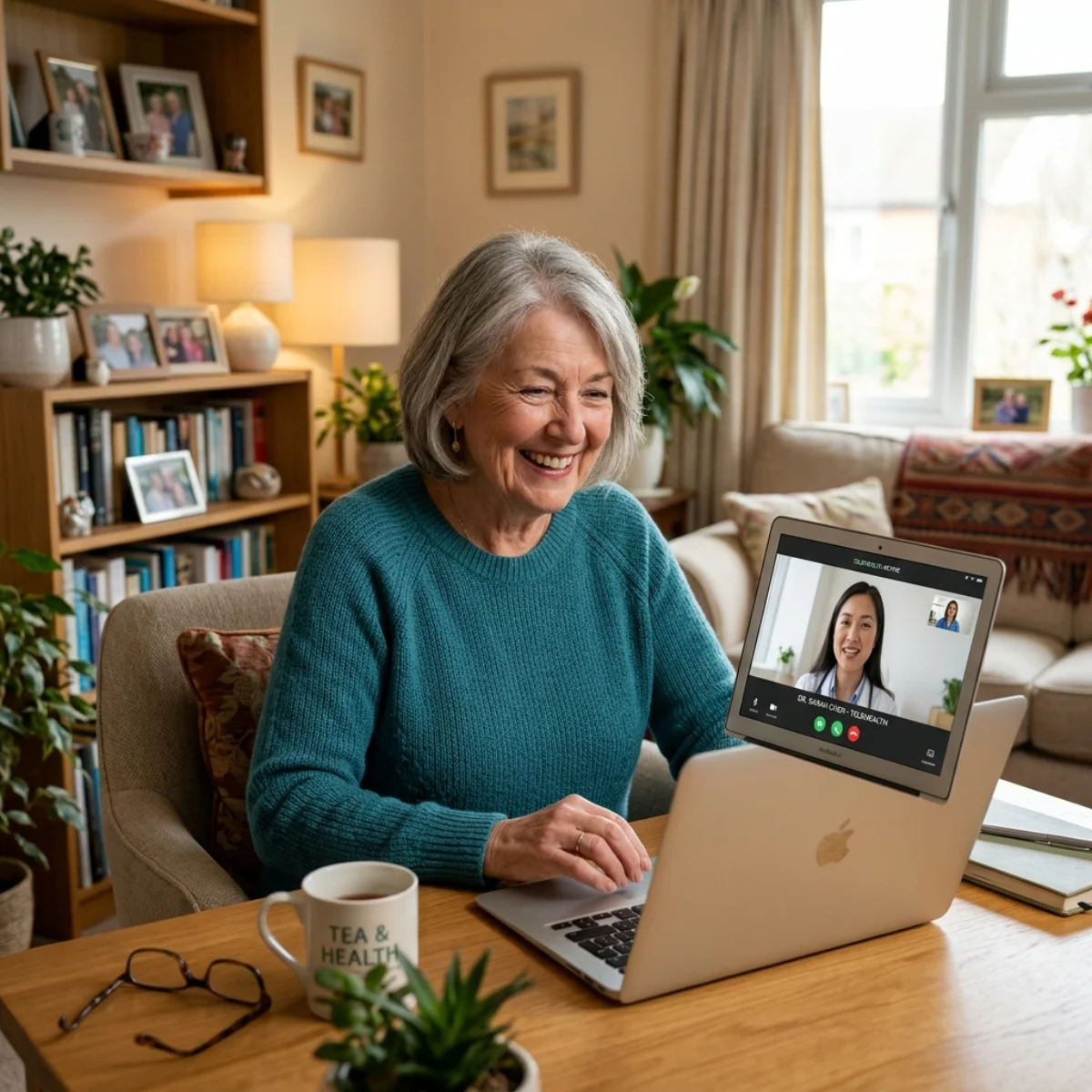 Older woman at home on a video call with a clinician from her living room.