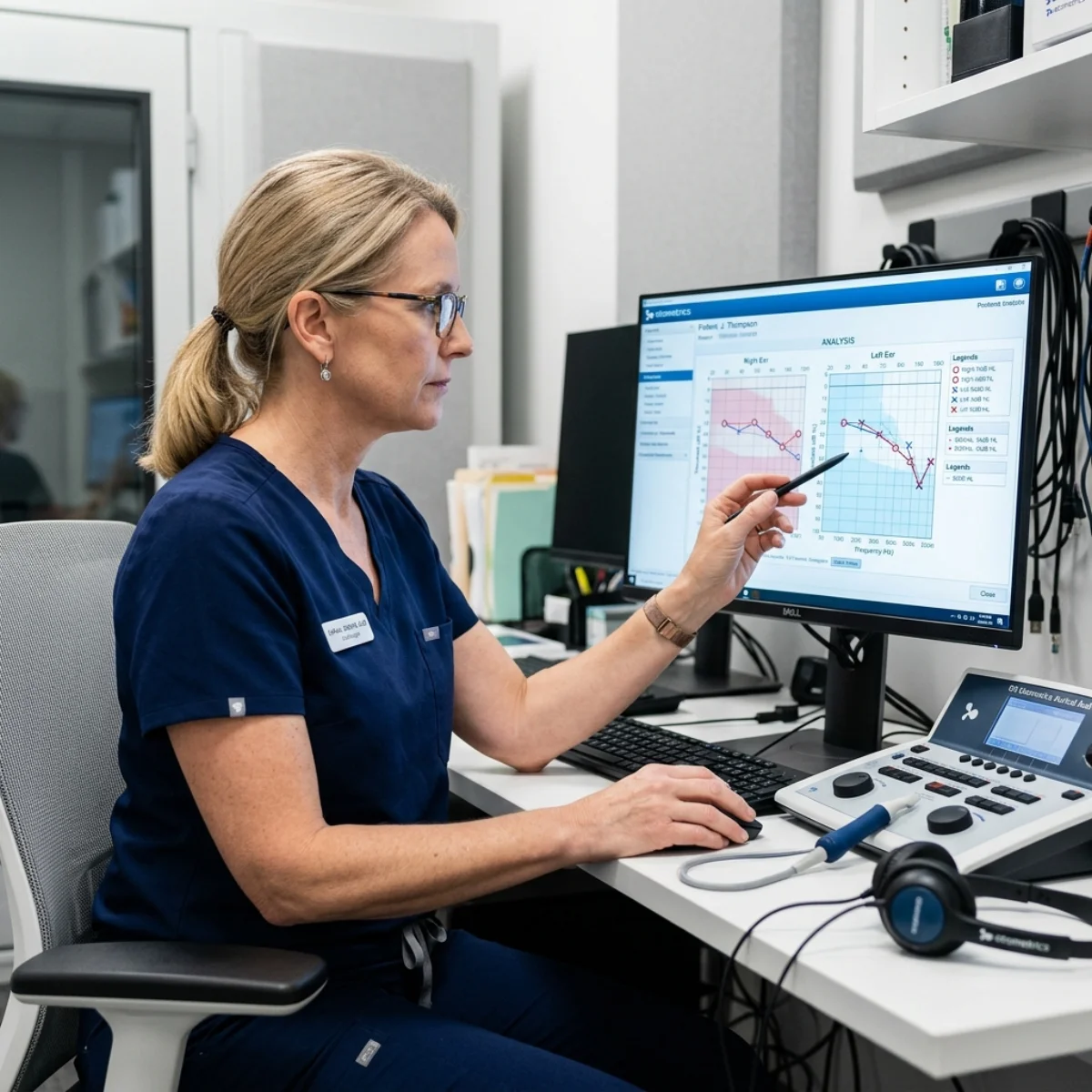 Clinician reviewing patient data on a computer screen in a clinical office.